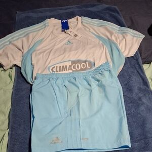 Adidas ClimaCool Set in Sky Blue and White, shirt and shorts.